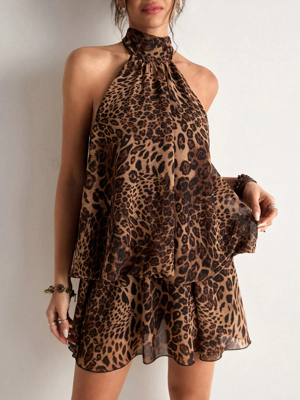 Freevana Women's Sexy Backless Knot Halter Mini Dress With Leopard