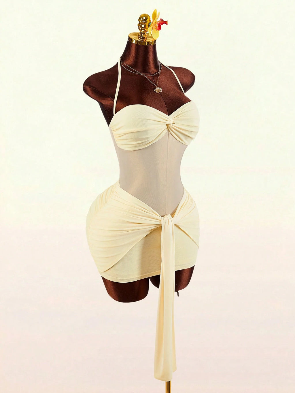 Amplova Romantic Yellow Spring Vacation Halter Front Twist V-Neck
