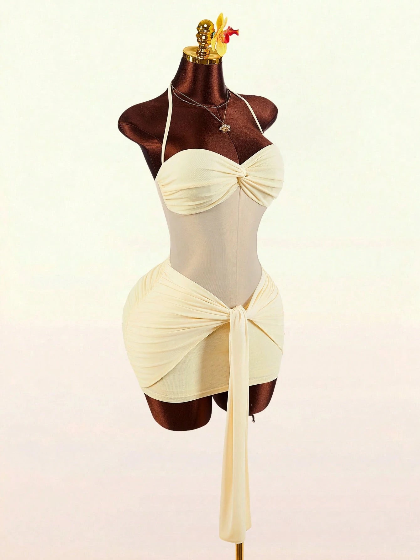 Amplova Romantic Yellow Spring Vacation Halter Front Twist V-Neck Split Mini Dress For Women,Dresses For - image 4
