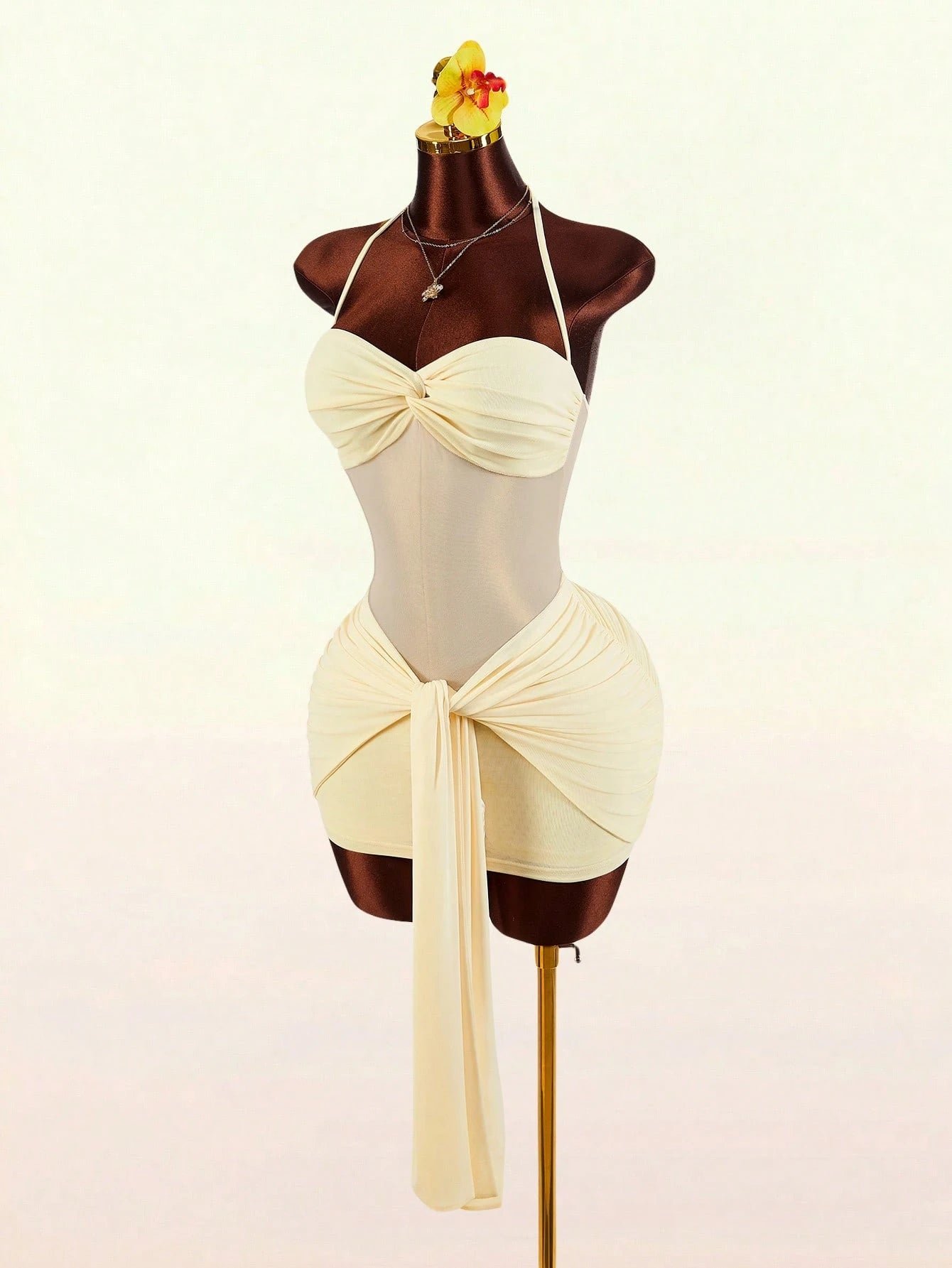 Amplova Romantic Yellow Spring Vacation Halter Front Twist V-Neck Split Mini Dress For Women,Dresses For