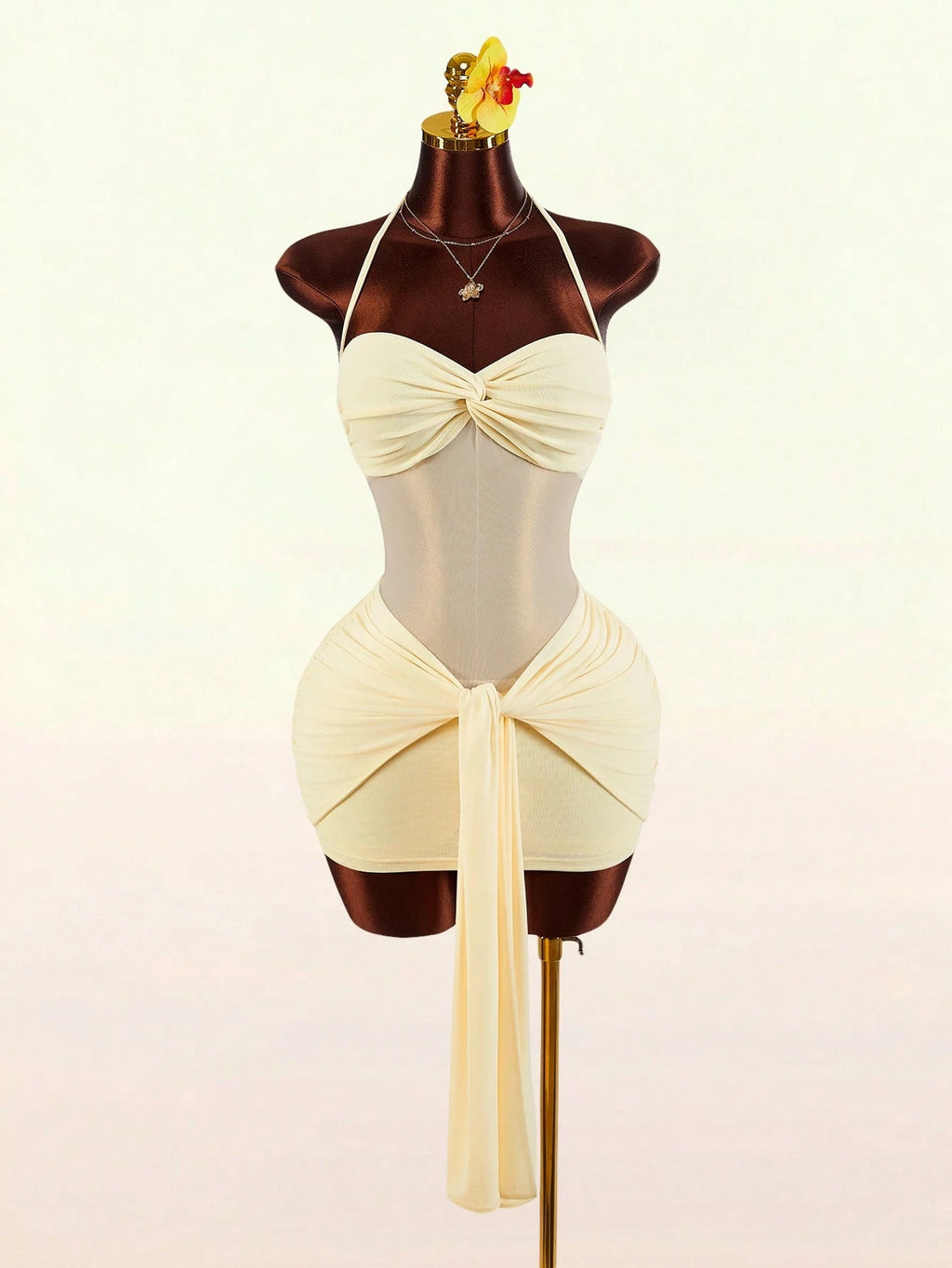 Amplova Romantic Yellow Spring Vacation Halter Front Twist V-Neck