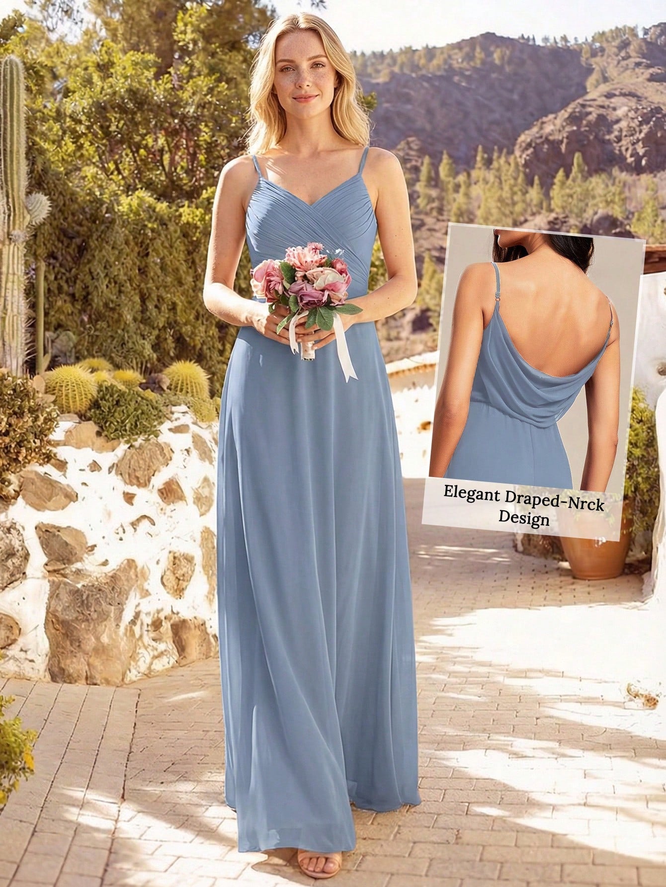 EVERPRETTY Spring Chiffon Spaghetti Strap Backless Pleated Pink
