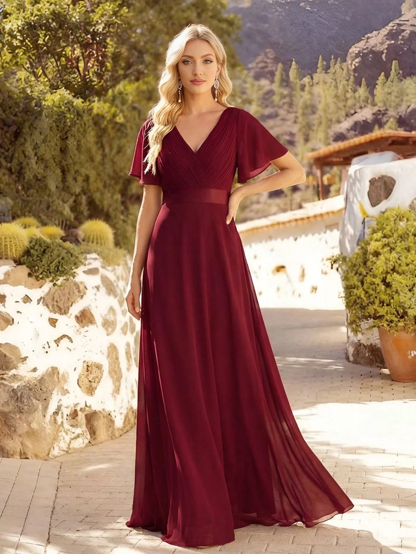 EVERPRETTY Elegant V-Neck Ruffle Butterfly Sleeve Pink Bridesmaid Dress, Wedding Guest Dress, Spring - image 10