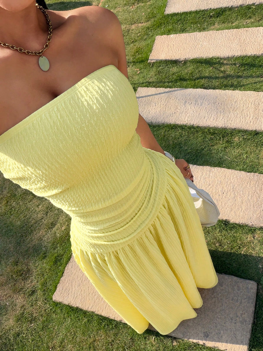 Muchica Women's Summer New Cream Yellow Knit Textured Bandeau Long