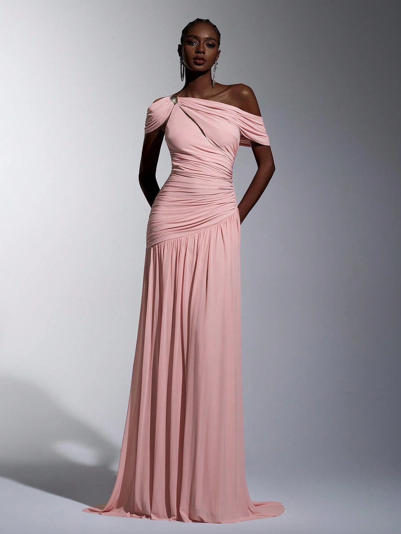 Elitara Elegant Luxurious Elastic Mesh, Handcrafted Metal Decor, Asymmetric Collar Overlay With Ruffle A-Line - image 10