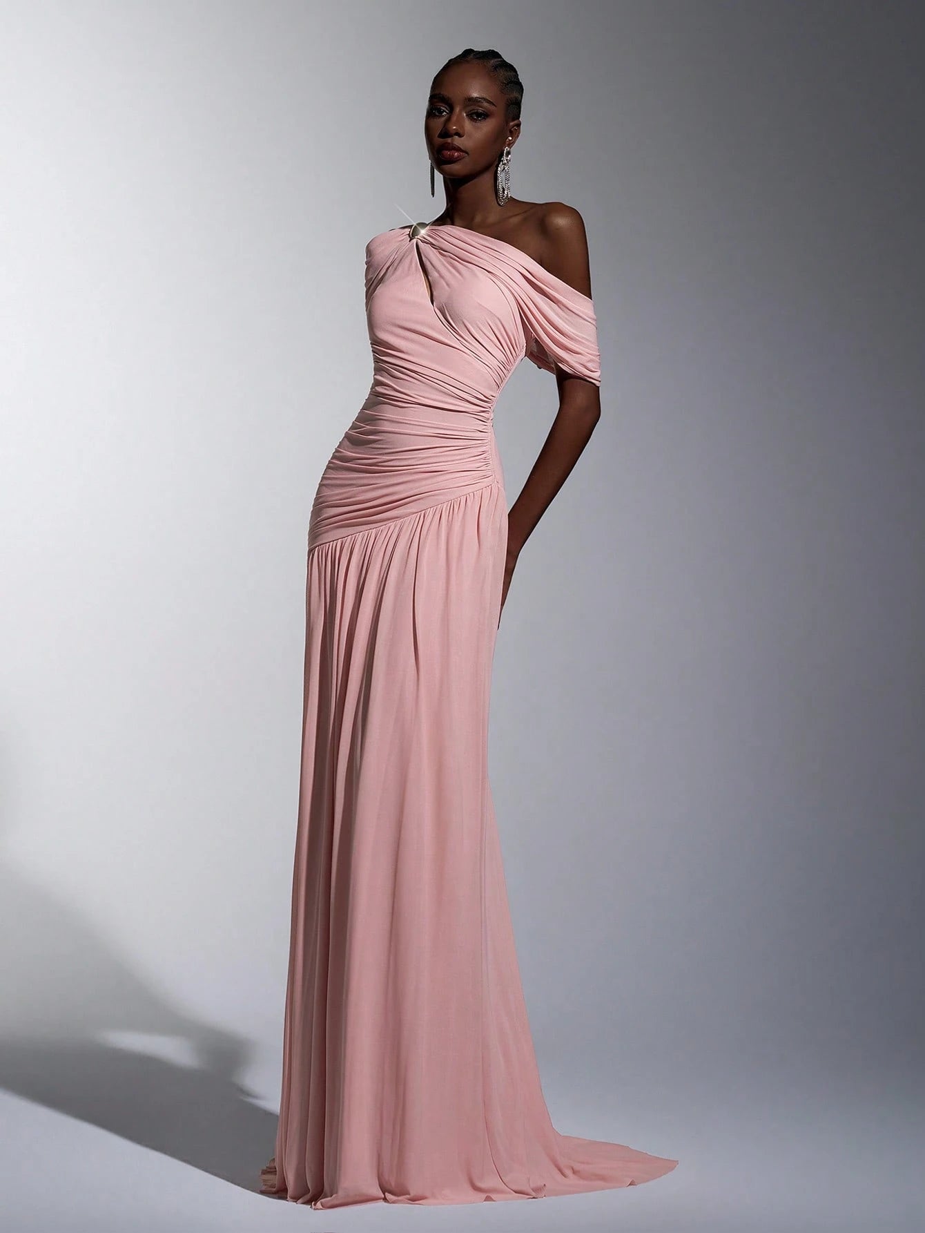 Elitara Elegant Luxurious Elastic Mesh, Handcrafted Metal Decor, Asymmetric Collar Overlay With Ruffle A-Line - image 18