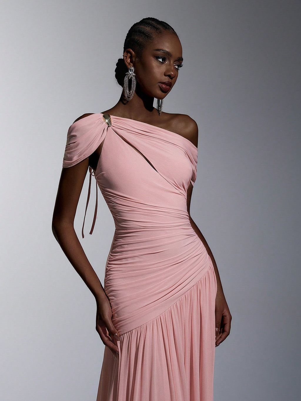 Elitara Elegant Luxurious Elastic Mesh, Handcrafted Metal Decor, Asymmetric Collar Overlay With Ruffle A-Line - image 20