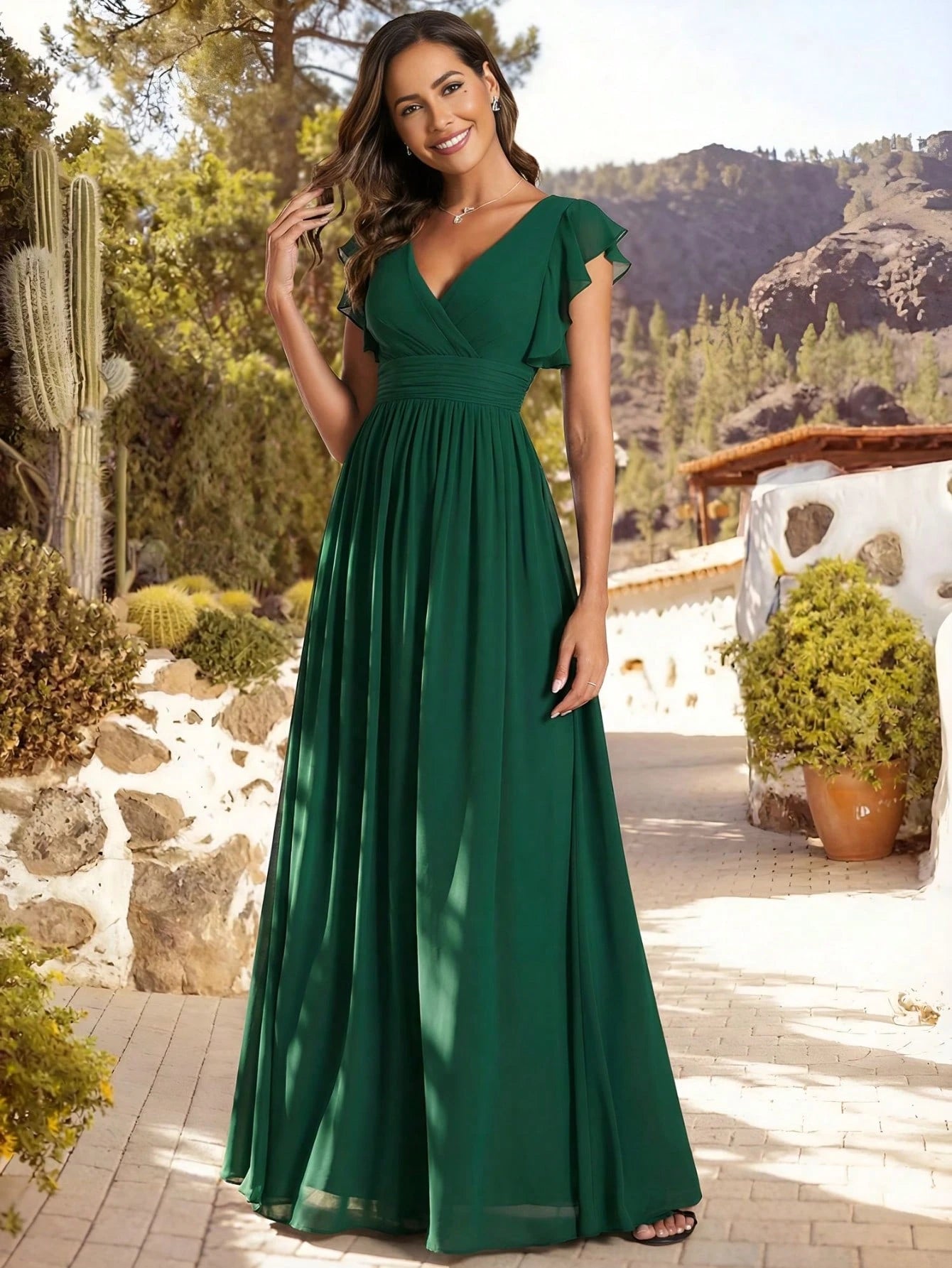 Asymmetric Ruffle Sleeve V-Neck Chiffon Green Bridesmaid Dress,