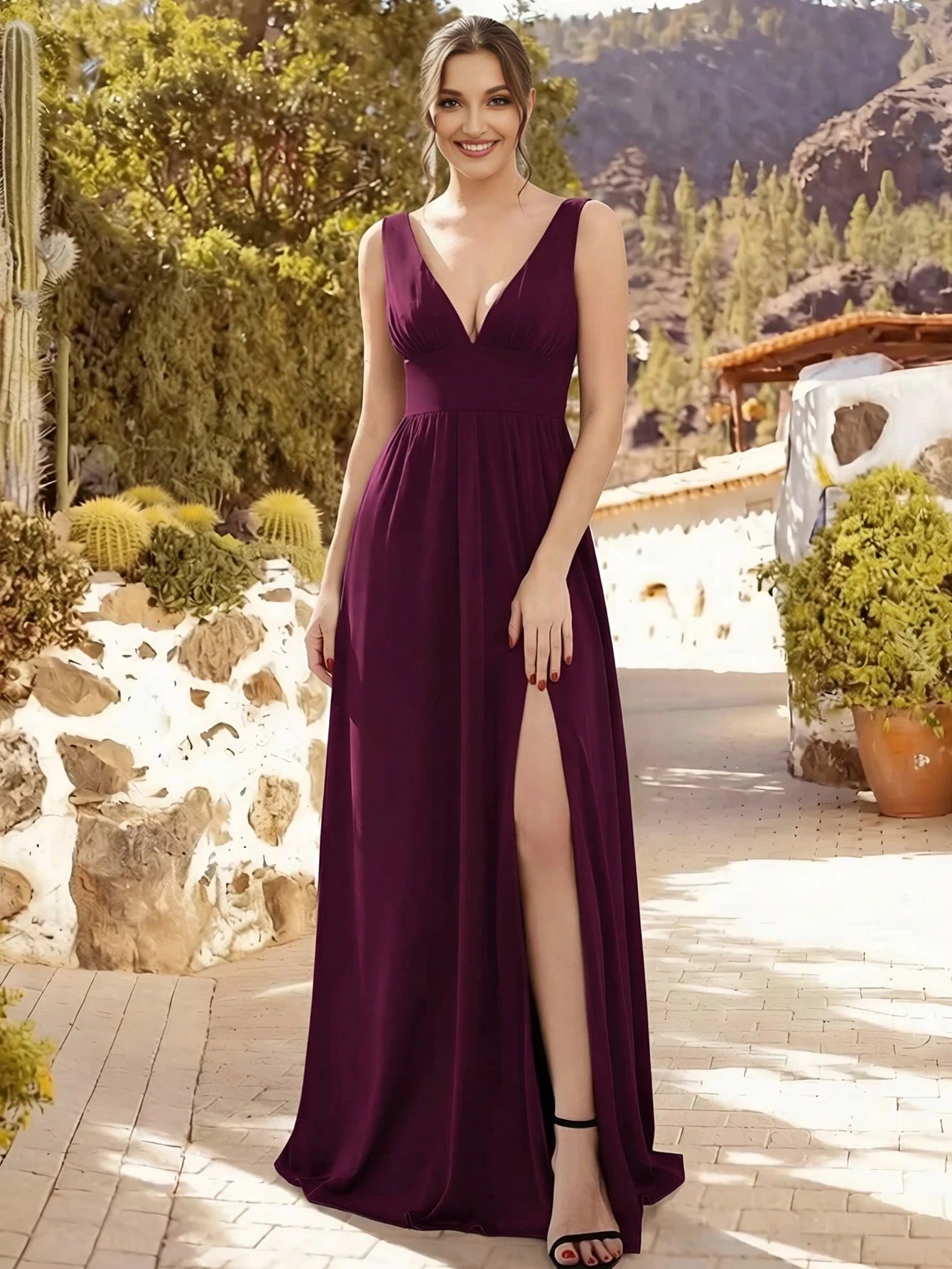 EVERPRETTY Sexy V-Neck Slit Orange Bridesmaid Dress, Elegant Wedding