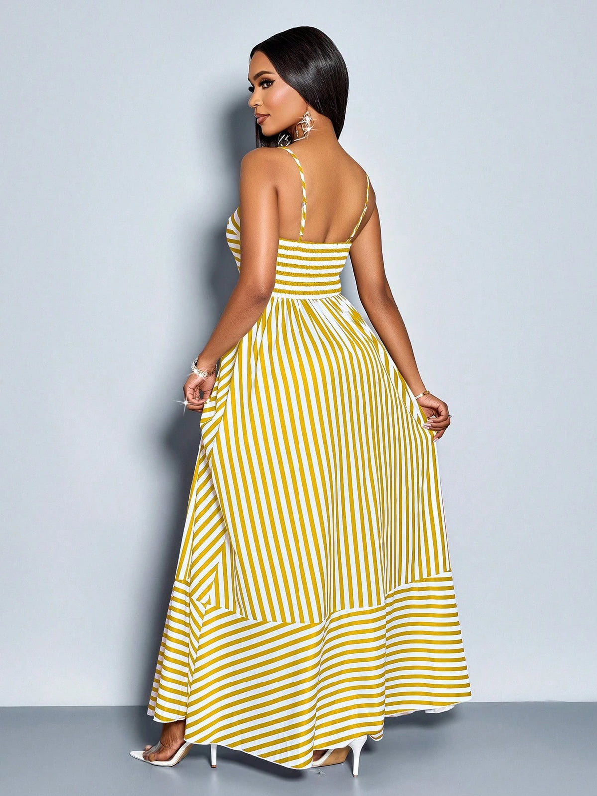SOLERSUN Women's Flowing Striped Maxi Dress With Shoulder Straps,Pockets,Chest Gathering,Mustard - image 18