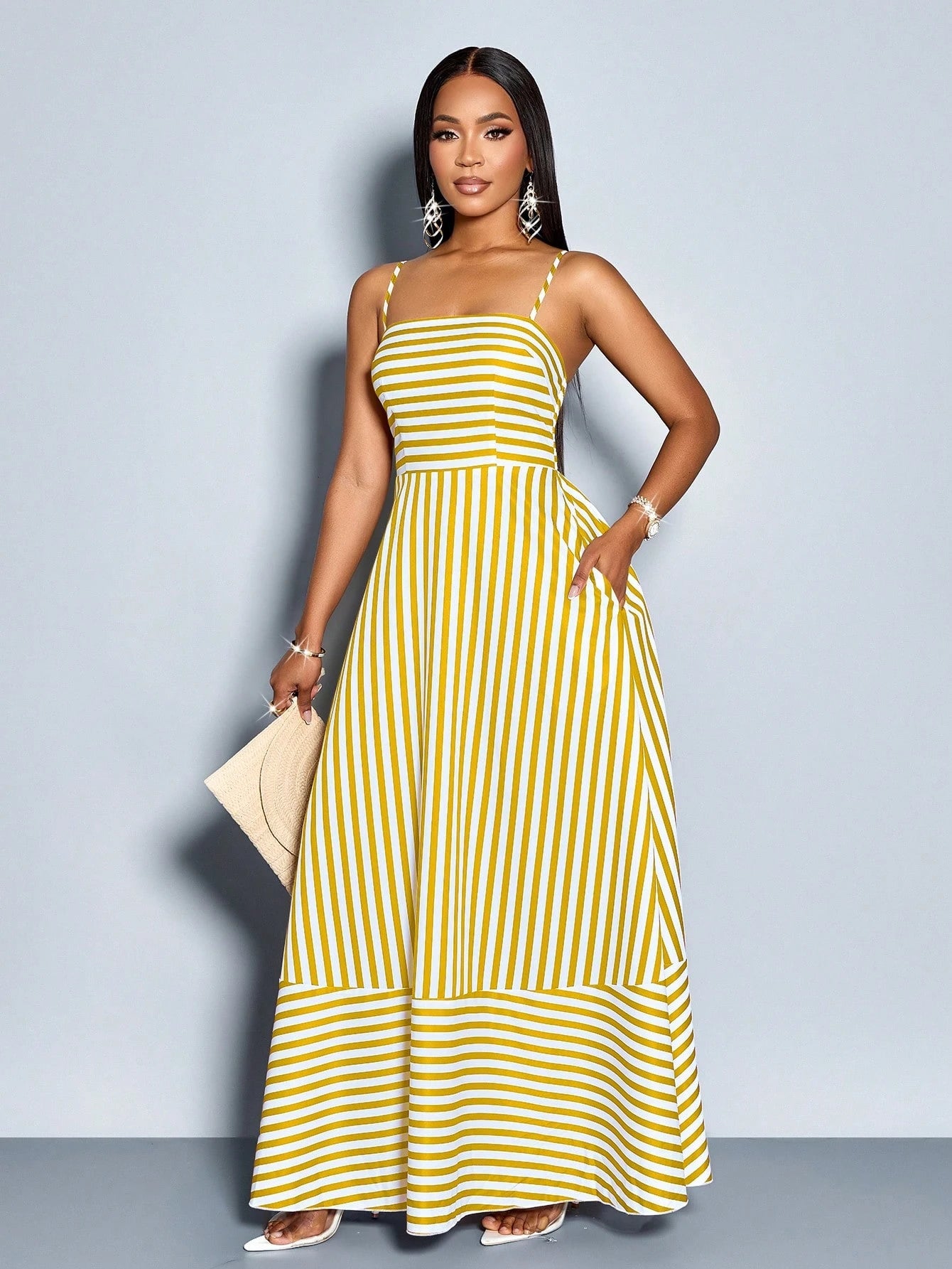 SOLERSUN Women's Flowing Striped Maxi Dress With Shoulder