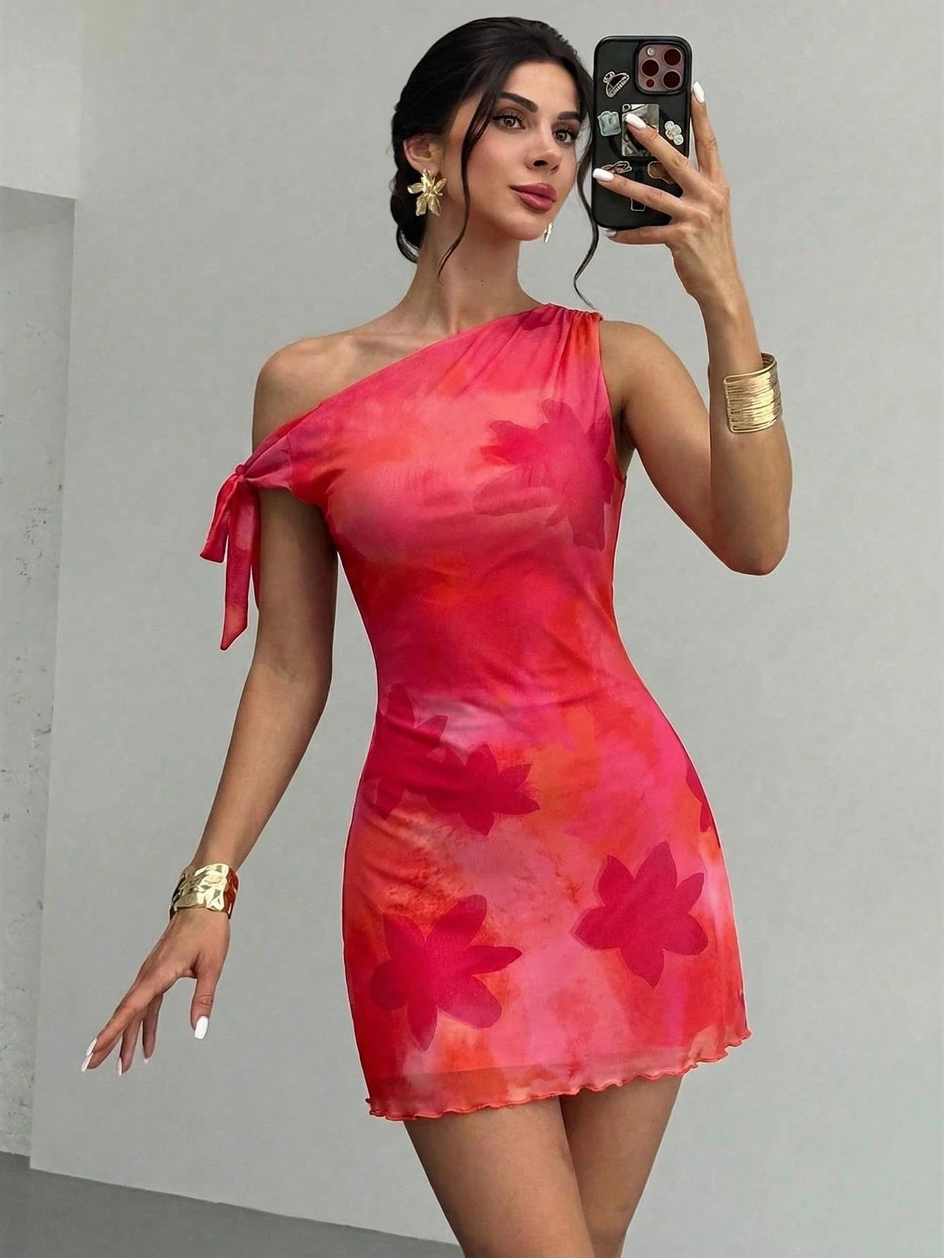 Firerie Women's Orange Red Floral Mesh Mini
