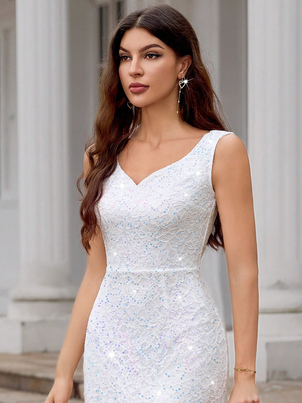 MIUSOL Sweetheart Neckline Contrast Color Sequin Lace Mesh Mermaid Hem Formal Gown, White Elegant Wedding - image 16