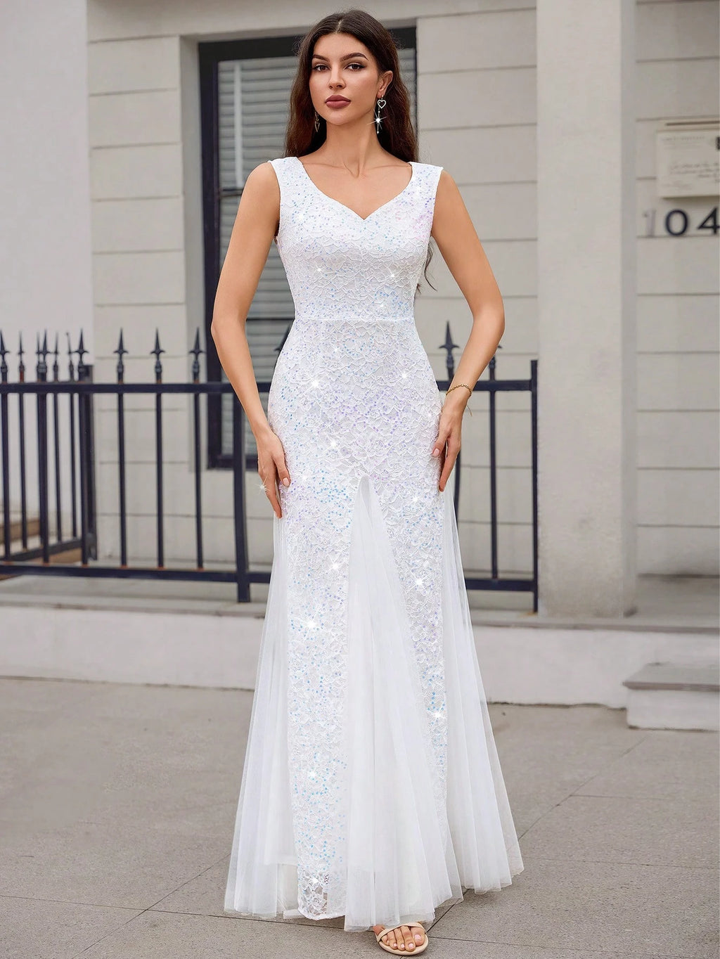 MIUSOL Sweetheart Neckline Contrast Color Sequin Lace Mesh Mermaid Hem Formal Gown, White Elegant Wedding - image 13