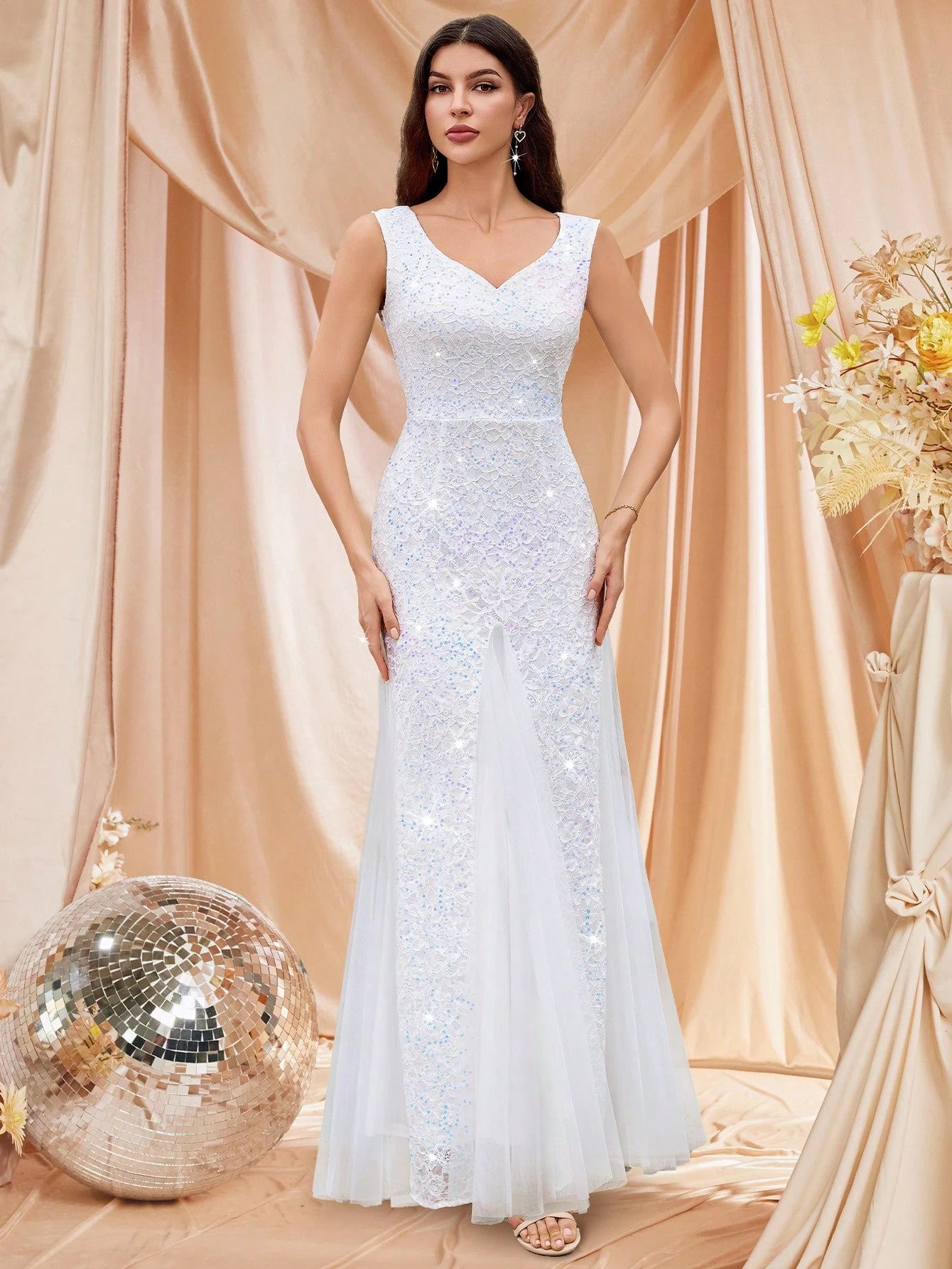 MIUSOL Sweetheart Neckline Contrast Color Sequin Lace Mesh Mermaid Hem Formal Gown, White Elegant Wedding - image 8