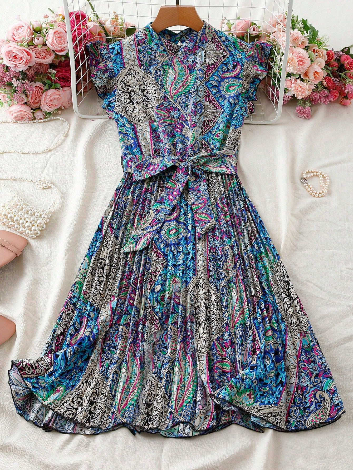 Franclia Leopard Print Ruched Waist Stand Collar Vacation Dress