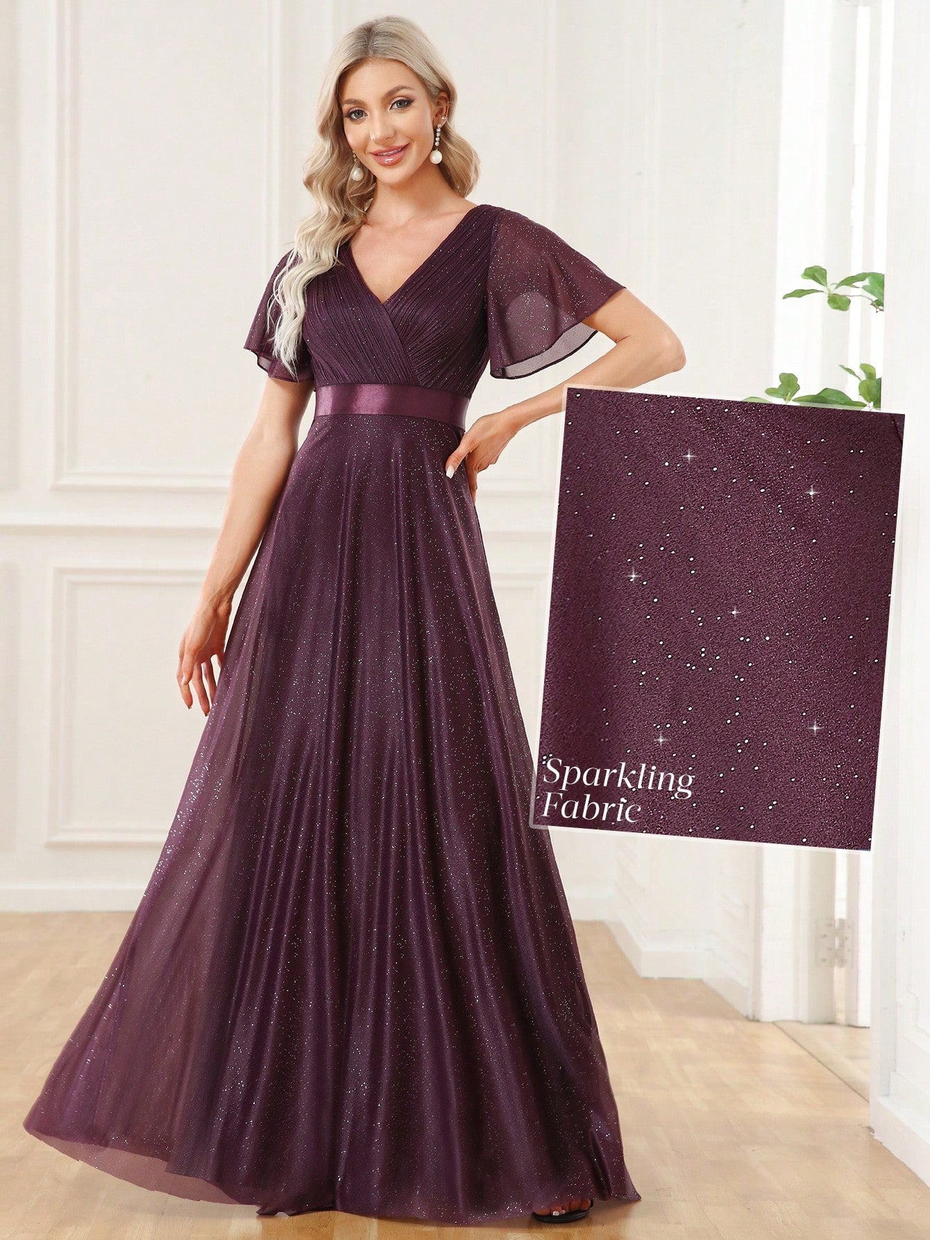 EVERPRETTY Elegant V-Neck Ruffle Sequin Bridesmaid Dress, Formal