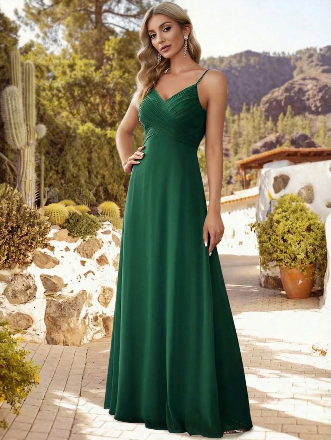 EVERPRETTY Spring Chiffon Spaghetti Strap Backless Pleated Pink