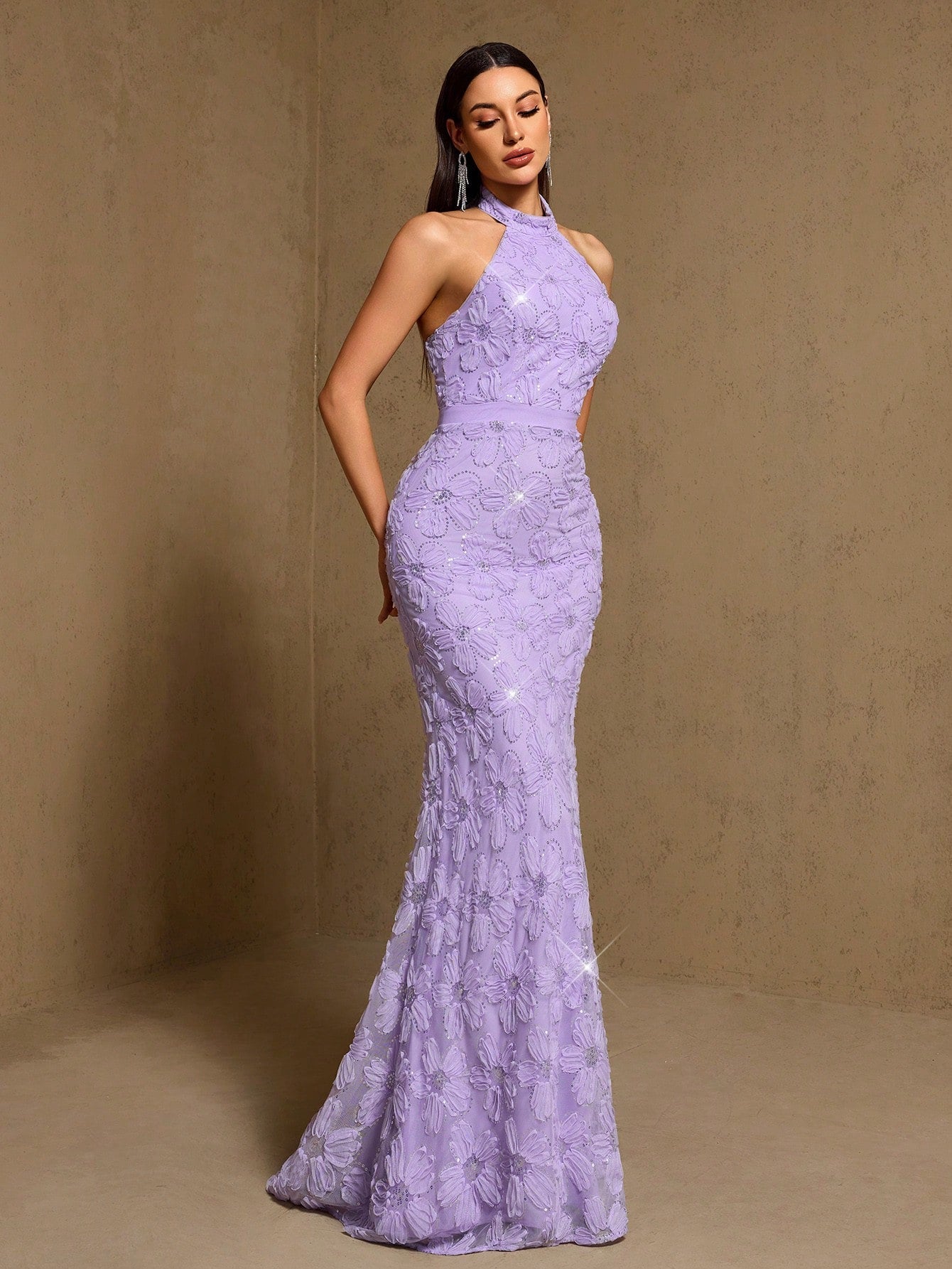 3D Floral Sequin Halter Neck Sleeveless Mermaid Hem Bridesmaid Dress, Summer Elegant Party Dress,Prom,Wedding - image 4