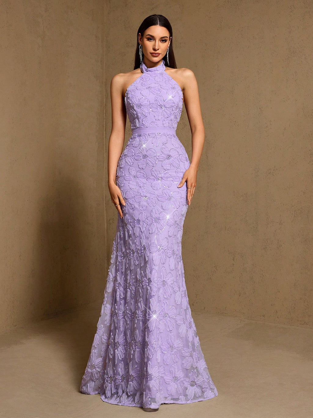 3D Floral Sequin Halter Neck Sleeveless Mermaid Hem Bridesmaid Dress, Summer Elegant Party Dress,Prom,Wedding - image 6