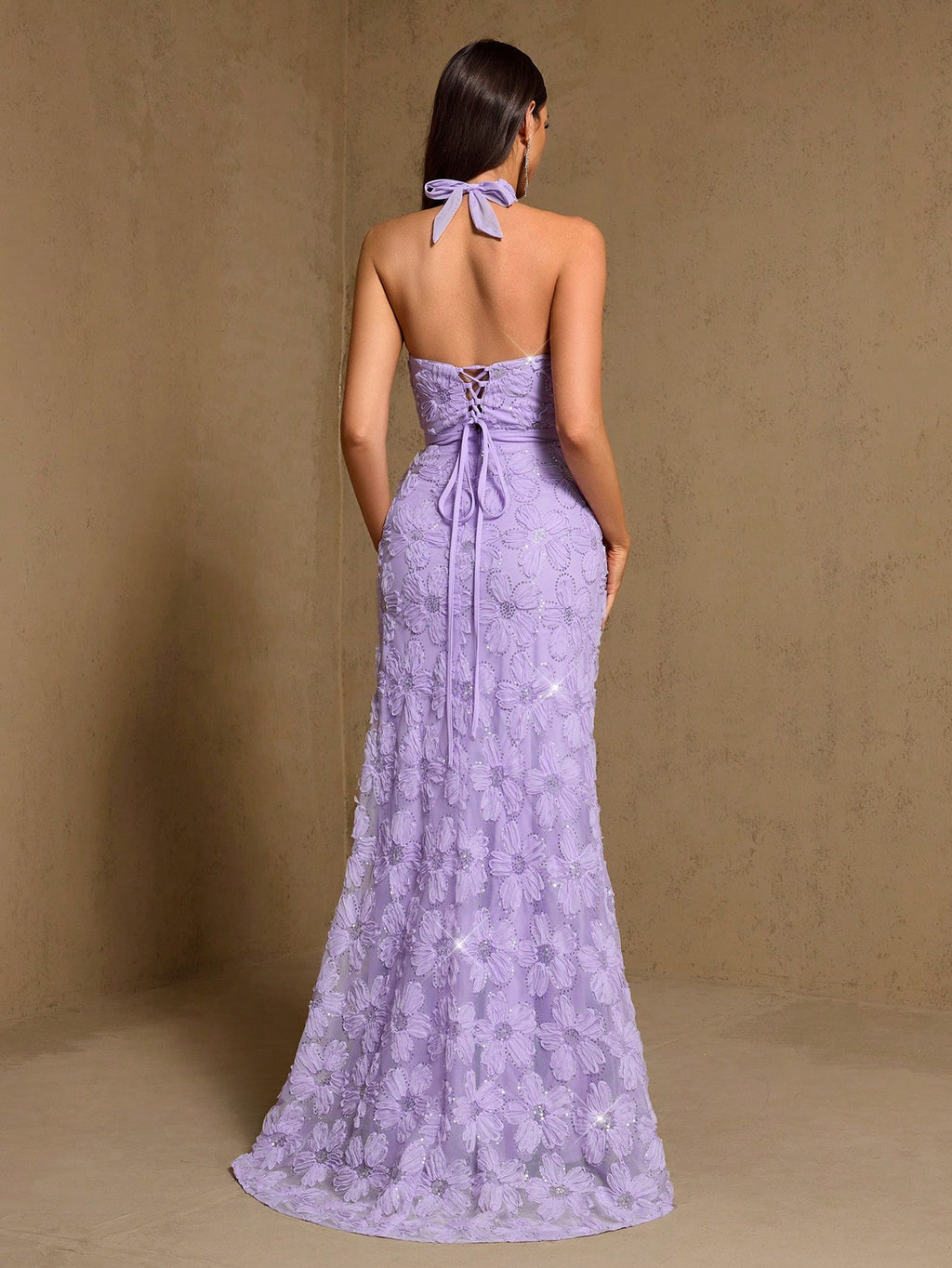 3D Floral Sequin Halter Neck Sleeveless Mermaid Hem Bridesmaid Dress, Summer Elegant Party Dress,Prom,Wedding - image 5