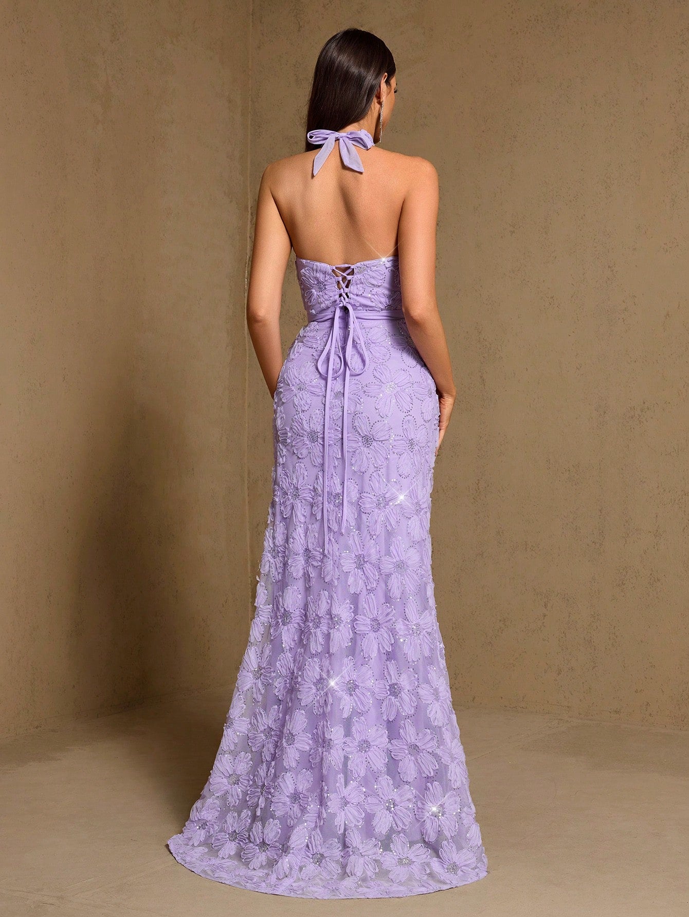 3D Floral Sequin Halter Neck Sleeveless Mermaid Hem Bridesmaid Dress, Summer Elegant Party Dress,Prom,Wedding - image 5