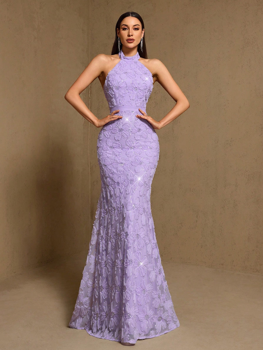 3D Floral Sequin Halter Neck Sleeveless Mermaid Hem Bridesmaid Dress, Summer Elegant Party Dress,Prom,Wedding - image 7