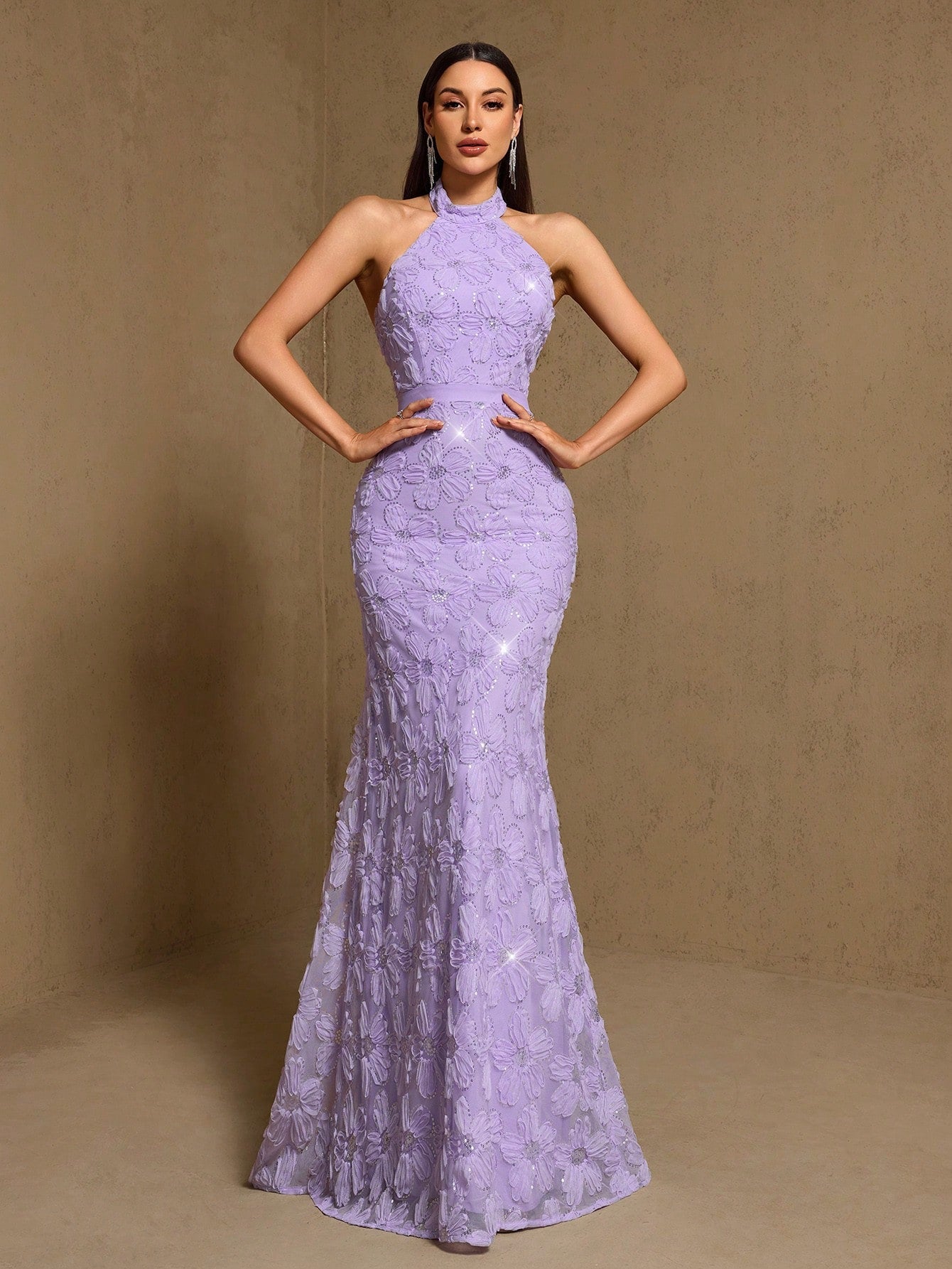 3D Floral Sequin Halter Neck Sleeveless Mermaid Hem Bridesmaid Dress, Summer Elegant Party Dress,Prom,Wedding - image 7