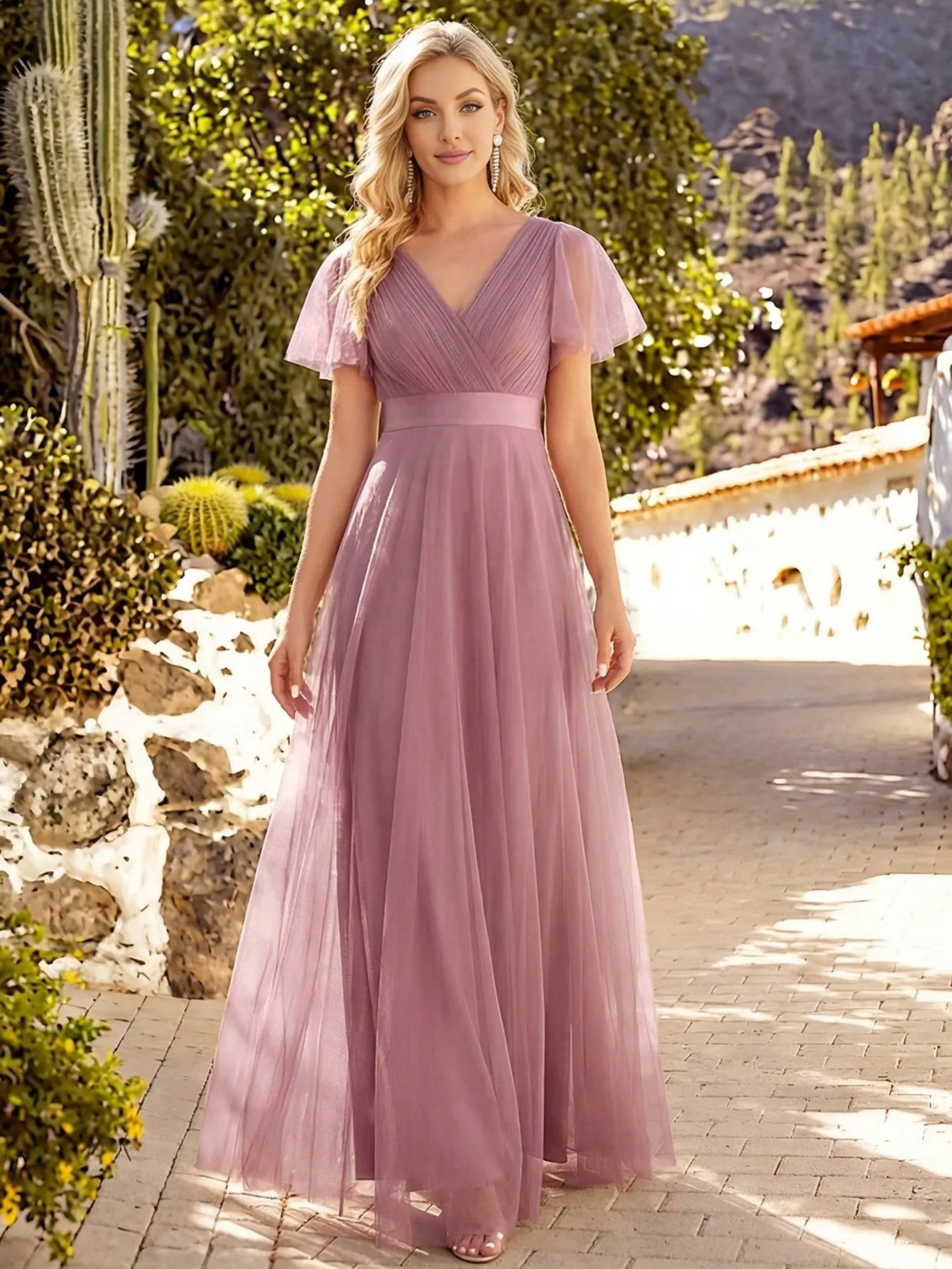 EVERPRETTY Romantic V-Neck A-Line Chiffon Pink Bridesmaid Dress, Suitable For Wedding Guests, Formal - image 11