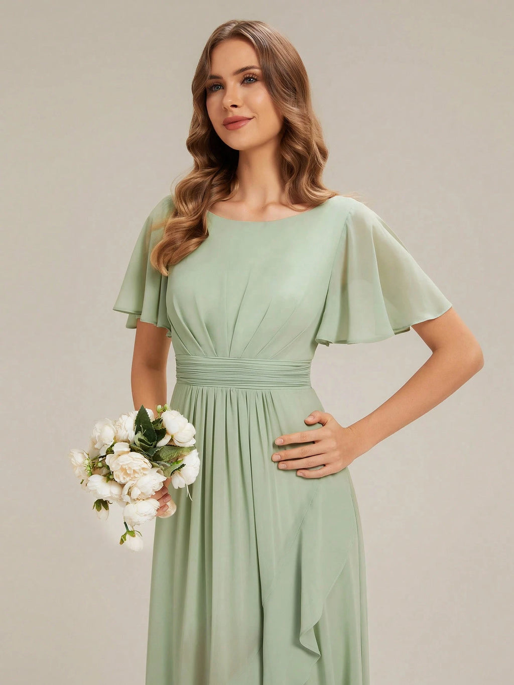EVERPRETTY Elegant Chiffon Sage Green Bridesmaid Dress, Lantern Sleeve Asymmetric Hem Women's Wedding Guest - image 8