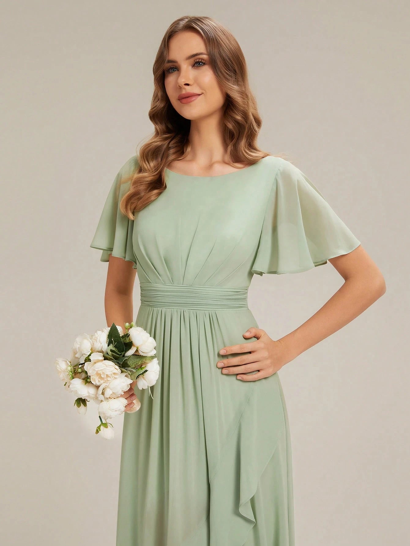 EVERPRETTY Elegant Chiffon Sage Green Bridesmaid Dress, Lantern Sleeve Asymmetric Hem Women's Wedding Guest - image 8