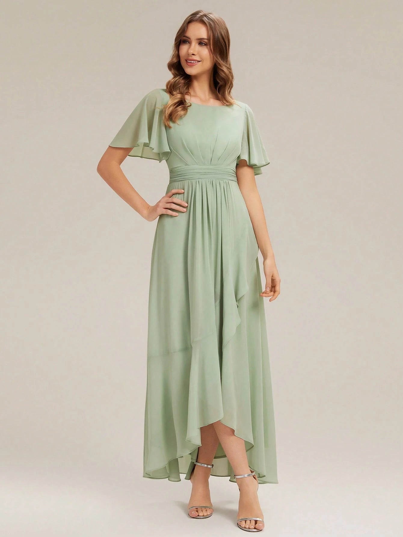 EVERPRETTY Elegant Chiffon Sage Green Bridesmaid Dress, Lantern Sleeve Asymmetric Hem Women's Wedding Guest - image 7