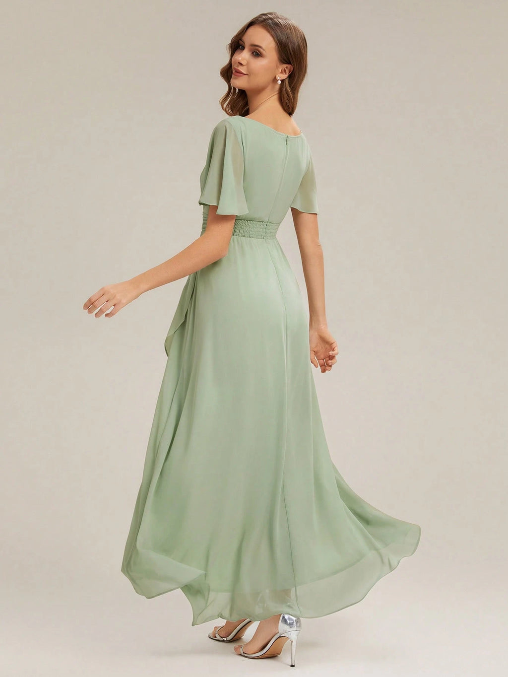 EVERPRETTY Elegant Chiffon Sage Green Bridesmaid Dress, Lantern Sleeve Asymmetric Hem Women's Wedding Guest - image 5