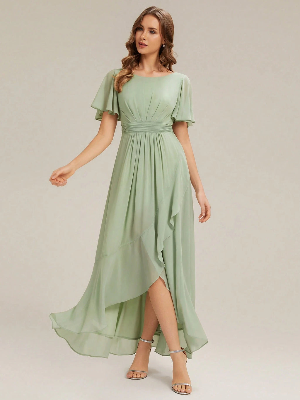 EVERPRETTY Elegant Chiffon Sage Green Bridesmaid Dress, Lantern Sleeve Asymmetric Hem Women's Wedding Guest - image 4