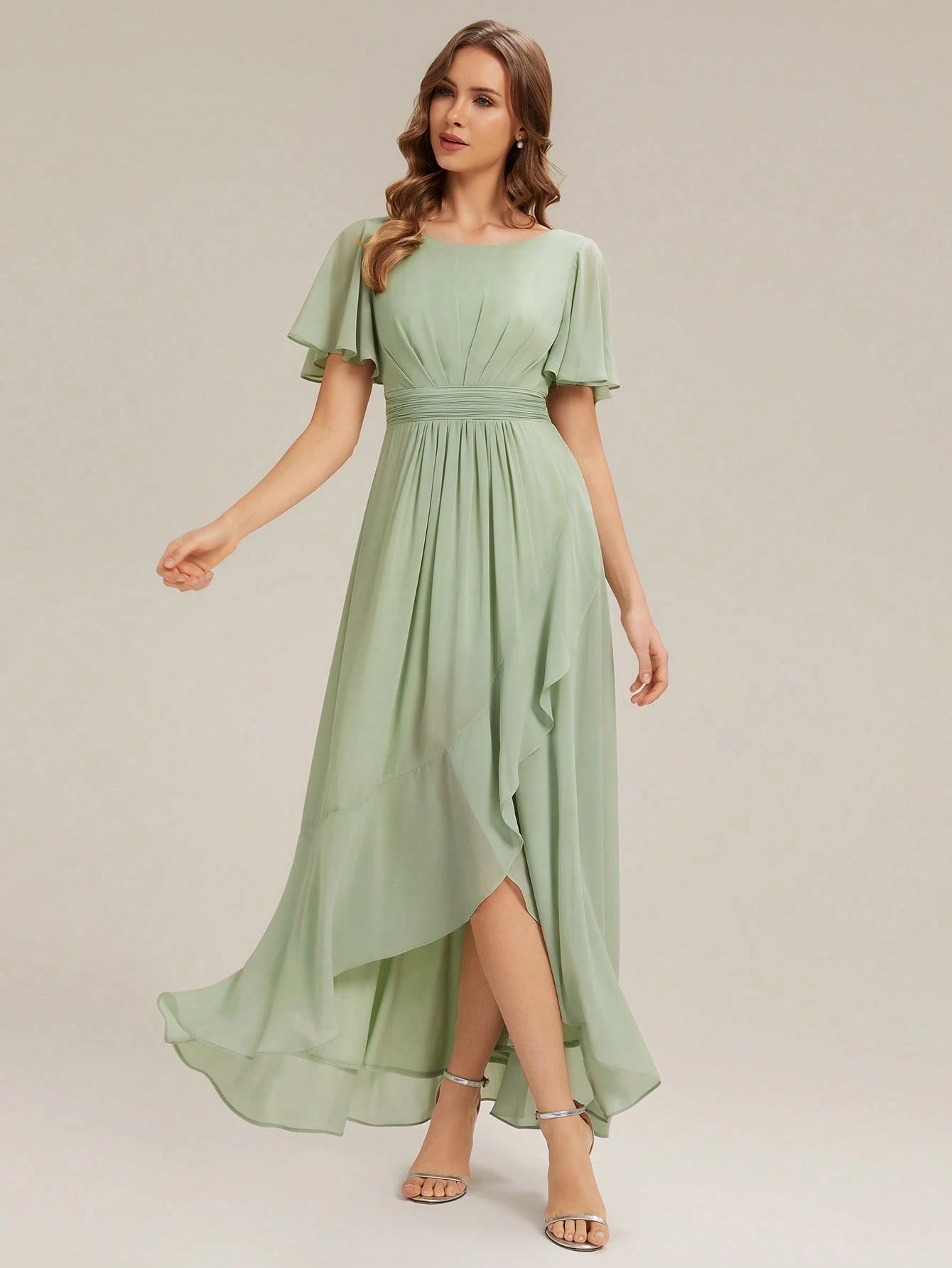 EVERPRETTY Elegant Chiffon Sage Green Bridesmaid Dress, Lantern Sleeve Asymmetric Hem Women's Wedding Guest - image 4
