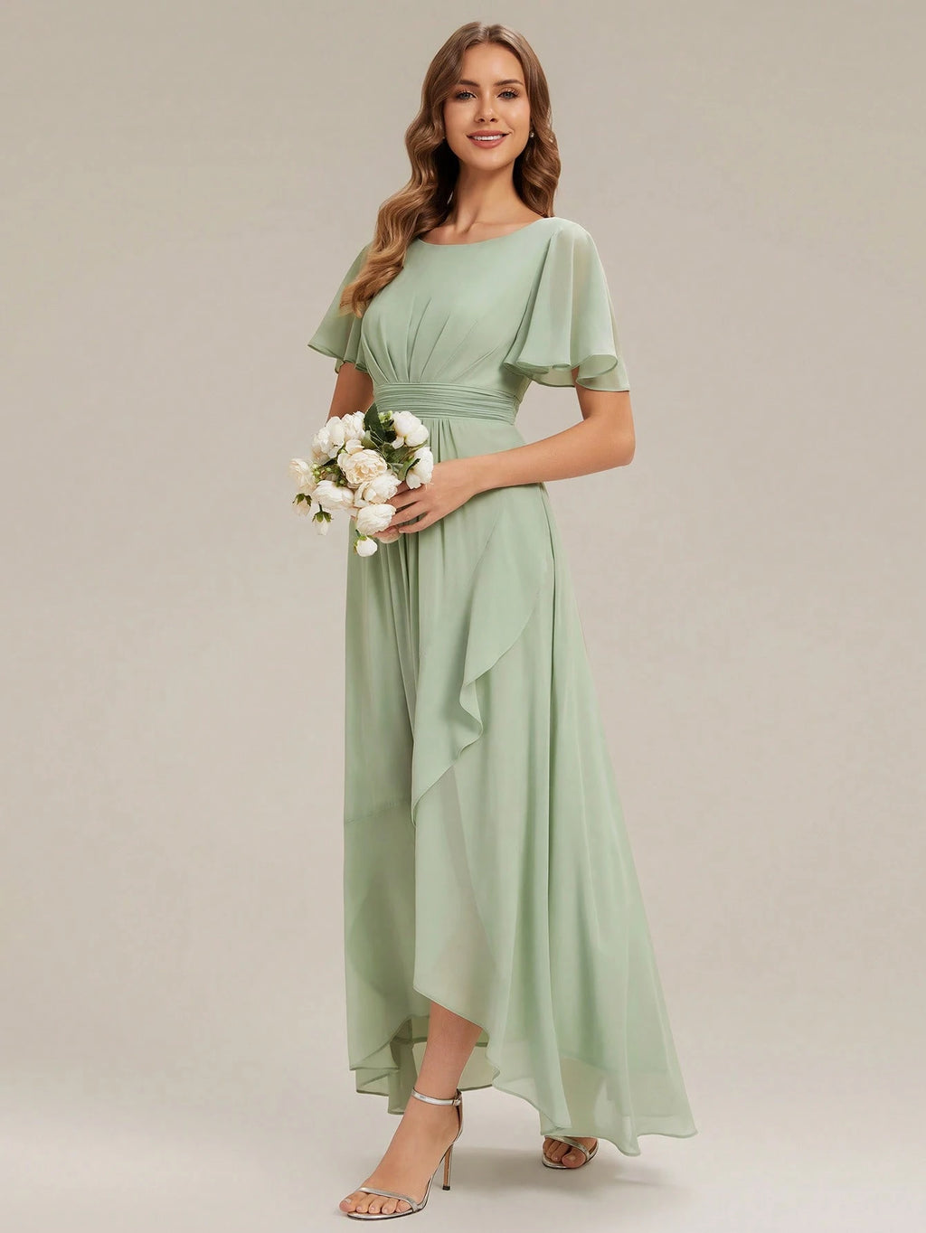 EVERPRETTY Elegant Chiffon Sage Green Bridesmaid Dress, Lantern Sleeve Asymmetric Hem Women's Wedding Guest - image 6