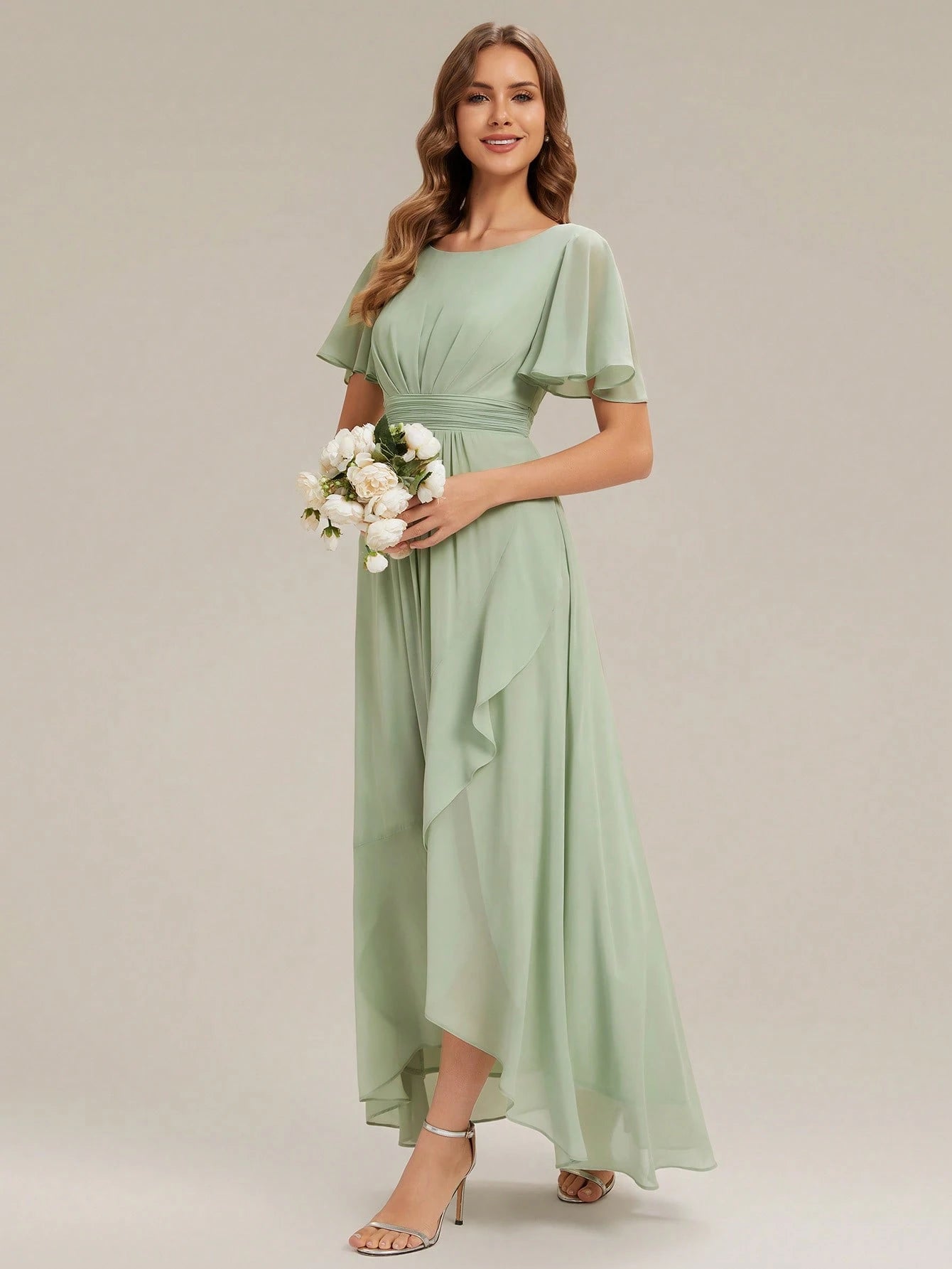 EVERPRETTY Elegant Chiffon Sage Green Bridesmaid Dress, Lantern Sleeve Asymmetric Hem Women's Wedding Guest - image 6