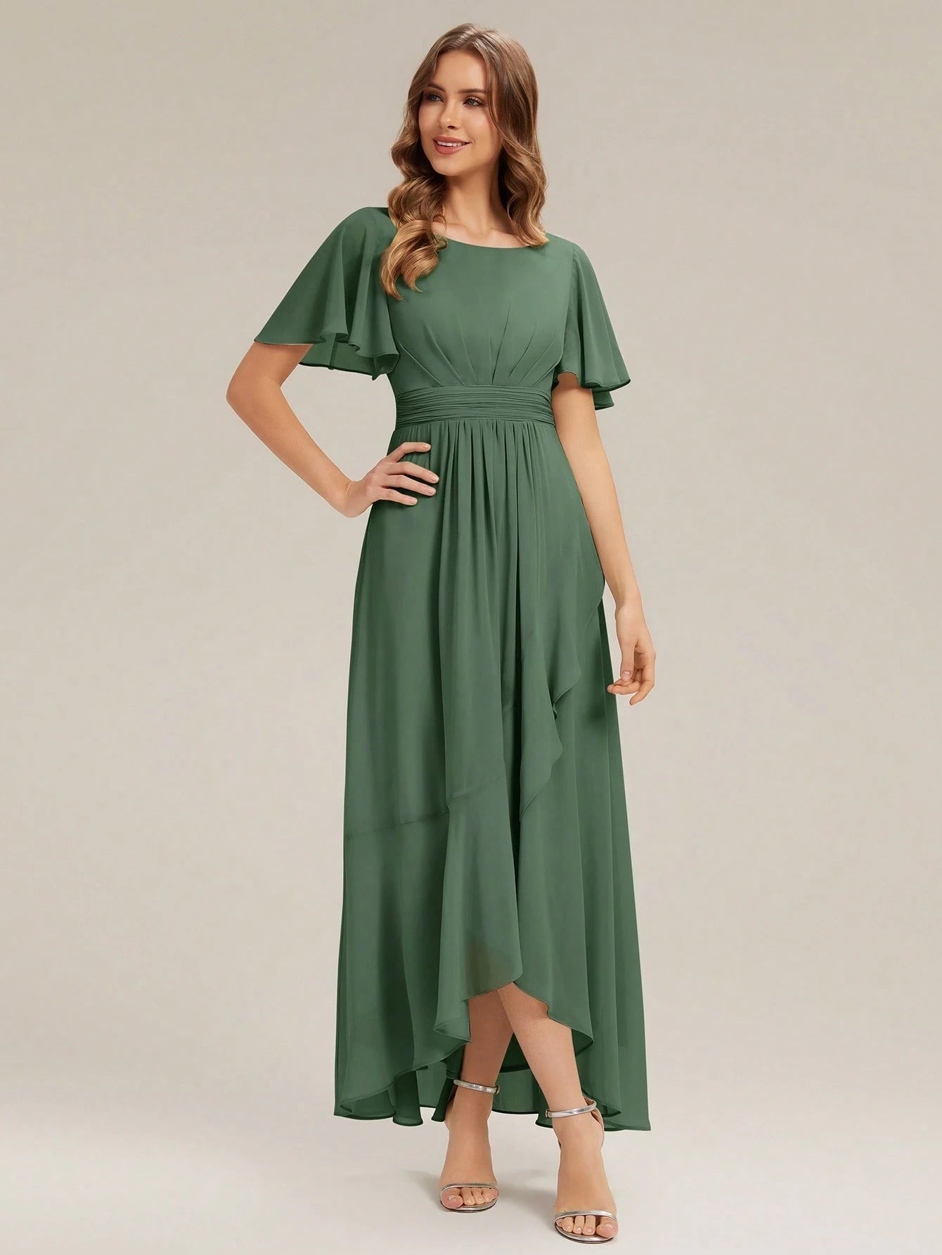 EVERPRETTY Elegant Chiffon Sage Green Bridesmaid Dress, Lantern Sleeve Asymmetric Hem Women's Wedding Guest - image 17