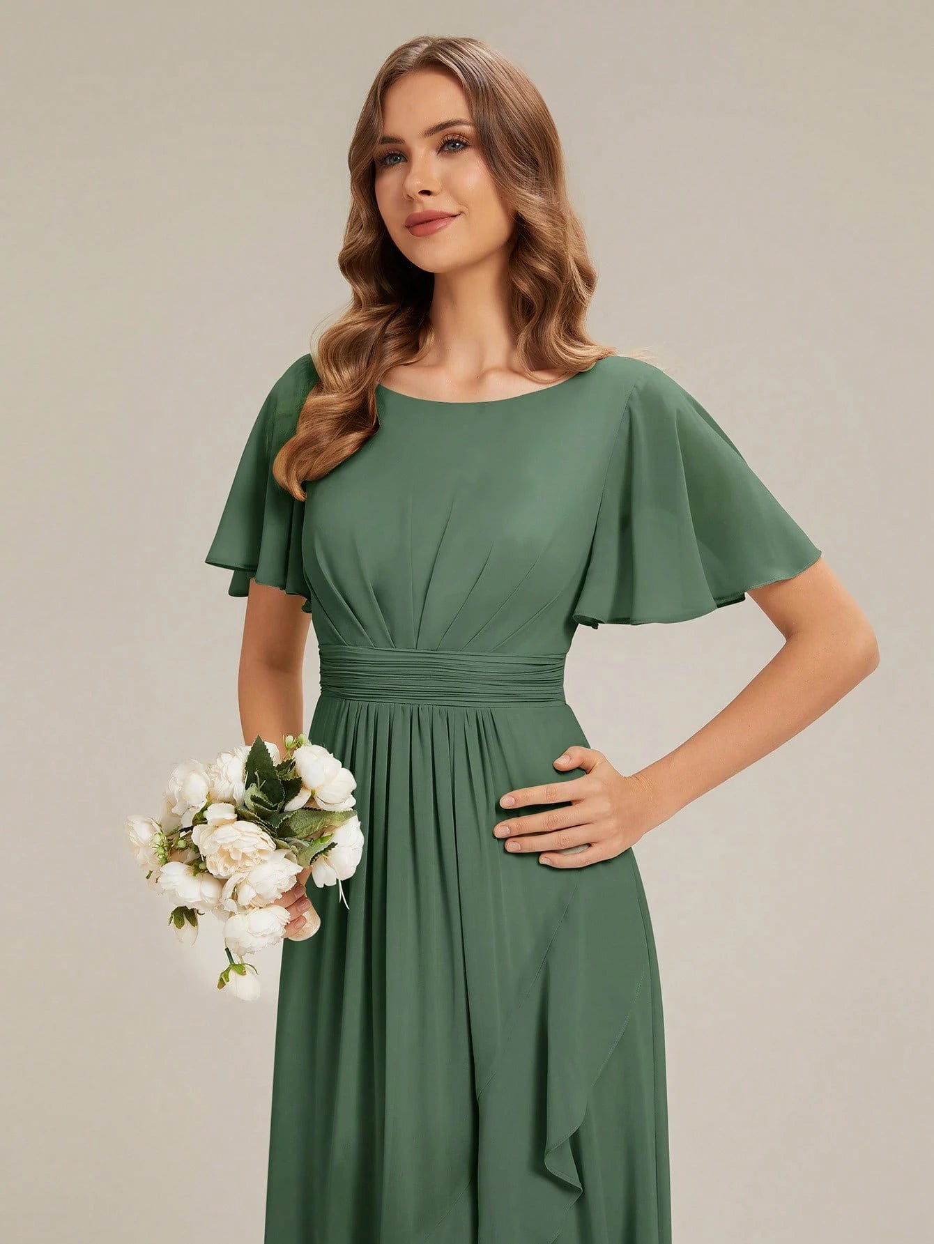 EVERPRETTY Elegant Chiffon Sage Green Bridesmaid Dress, Lantern Sleeve Asymmetric Hem Women's Wedding Guest - image 18