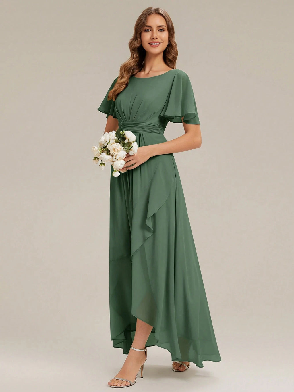 EVERPRETTY Elegant Chiffon Sage Green Bridesmaid Dress, Lantern Sleeve Asymmetric Hem Women's Wedding Guest - image 16