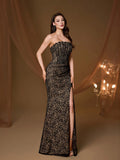 Elegant Strapless Corset Fitted Mermaid Evening Gown, Black Floral Lace Sheer Mesh Slit Long Dress, Formal