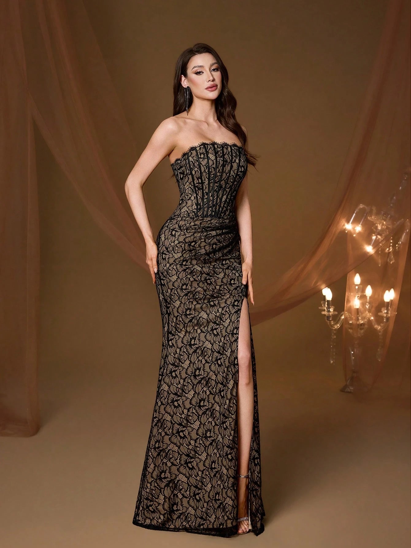 Elegant Strapless Corset Fitted Mermaid Evening Gown, Black Floral Lace Sheer Mesh Slit Long Dress, Formal