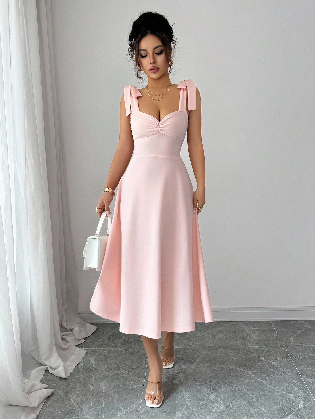 Elenzga Sleeveless Tie-Up Cinched Waist A-Line Elegant Romantic Women