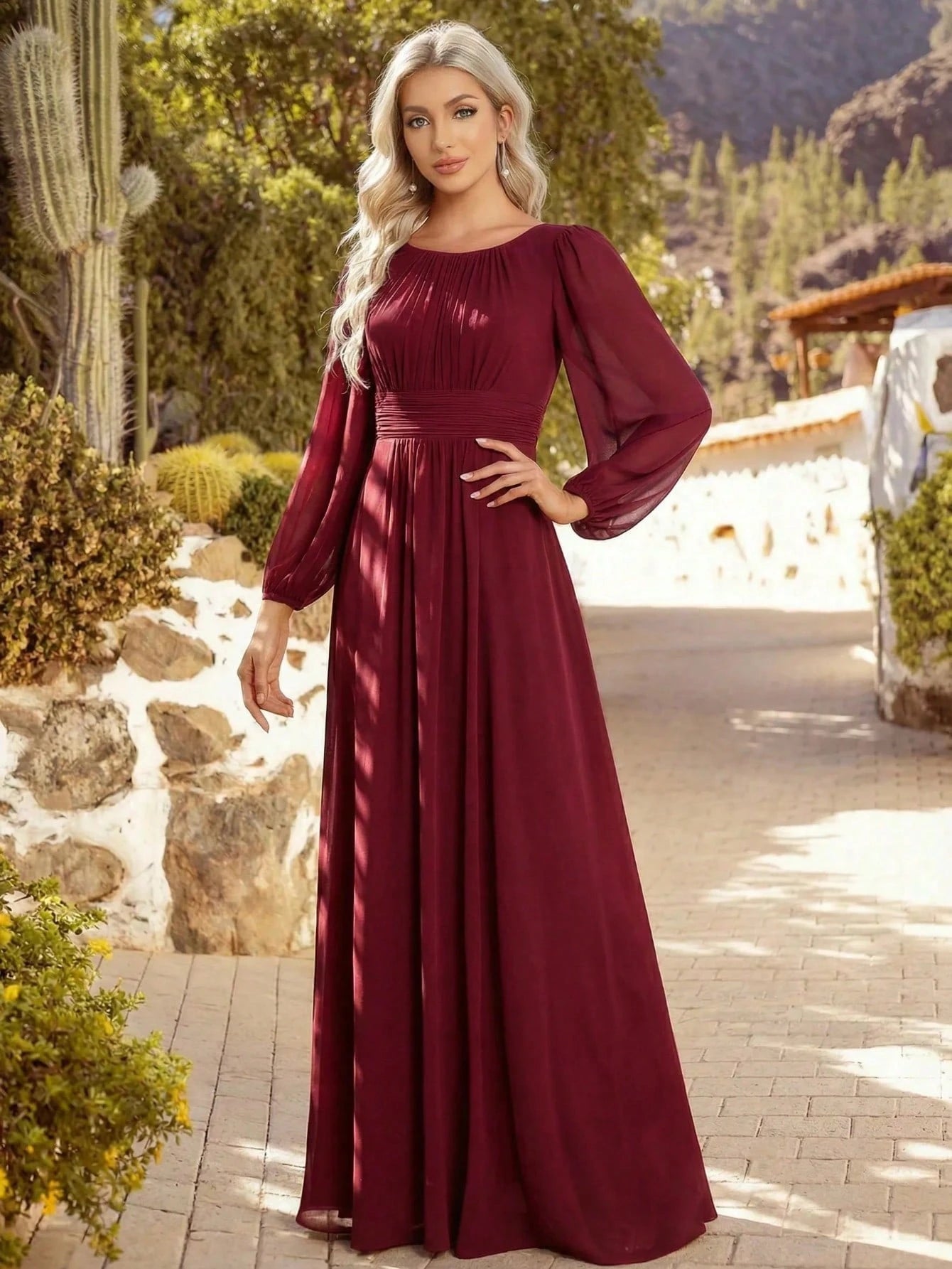 EVERPRETTY Elegant Autumn Special Occasion Chiffon Round Neck Lantern Sleeve Long Sleeve Bridesmaid Dress, - image 8