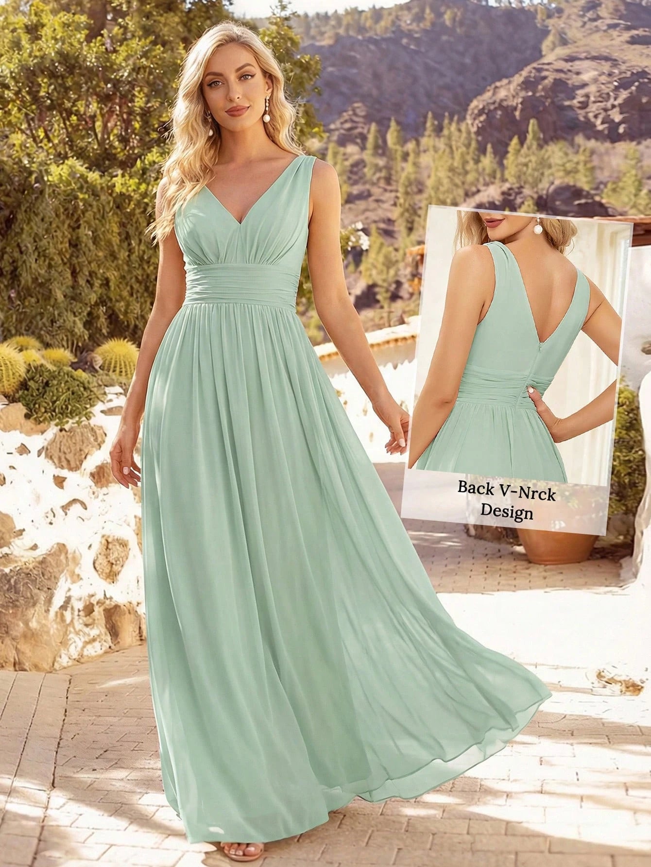 Elegant Chiffon V-Neck Sleeveless Ruched Long Black Bridesmaid Dress, Suitable For Spring/Summer Wedding - image 7