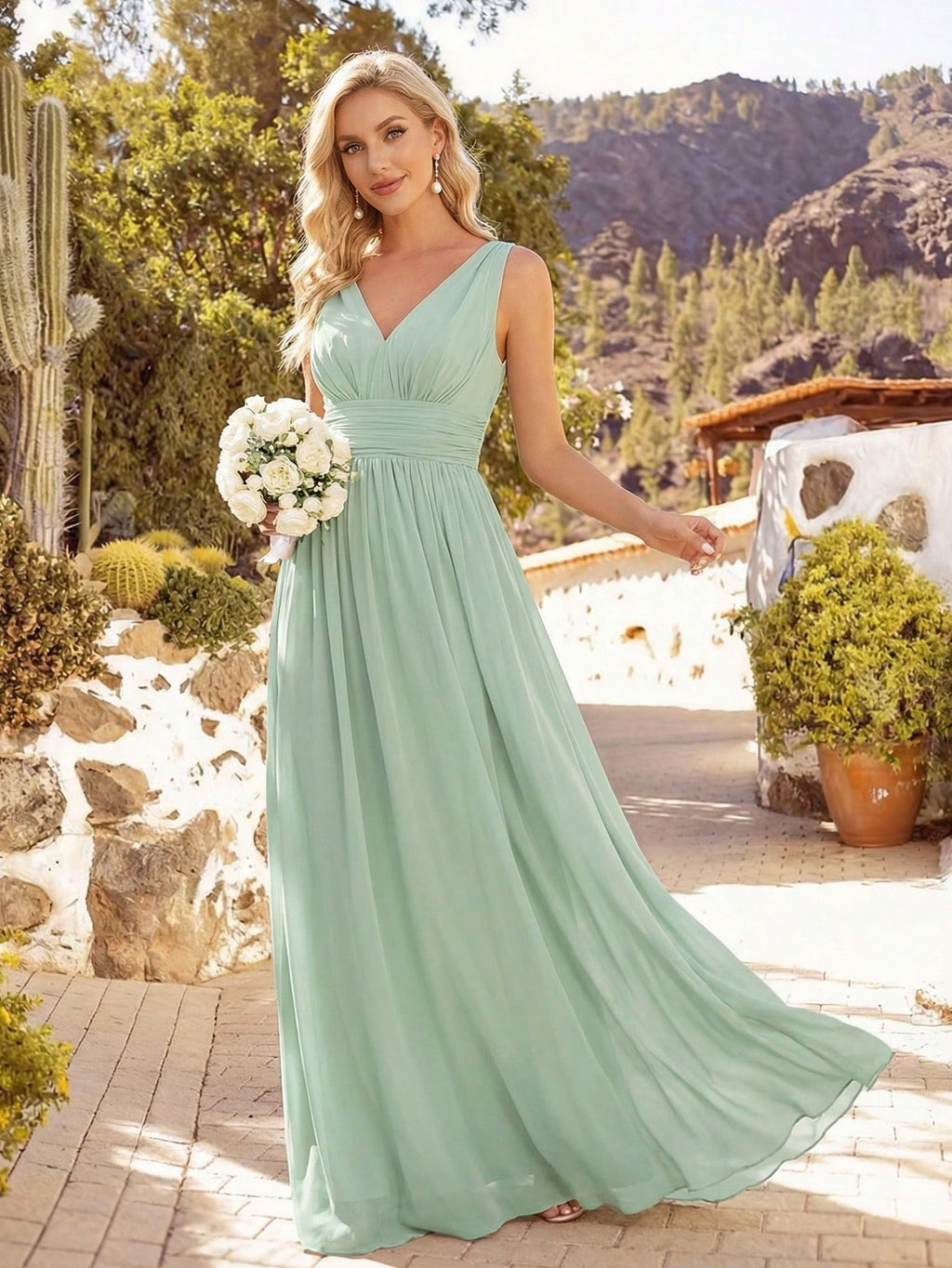 Elegant Chiffon V-Neck Sleeveless Ruched Long Black Bridesmaid Dress, Suitable For Spring/Summer Wedding - image 3