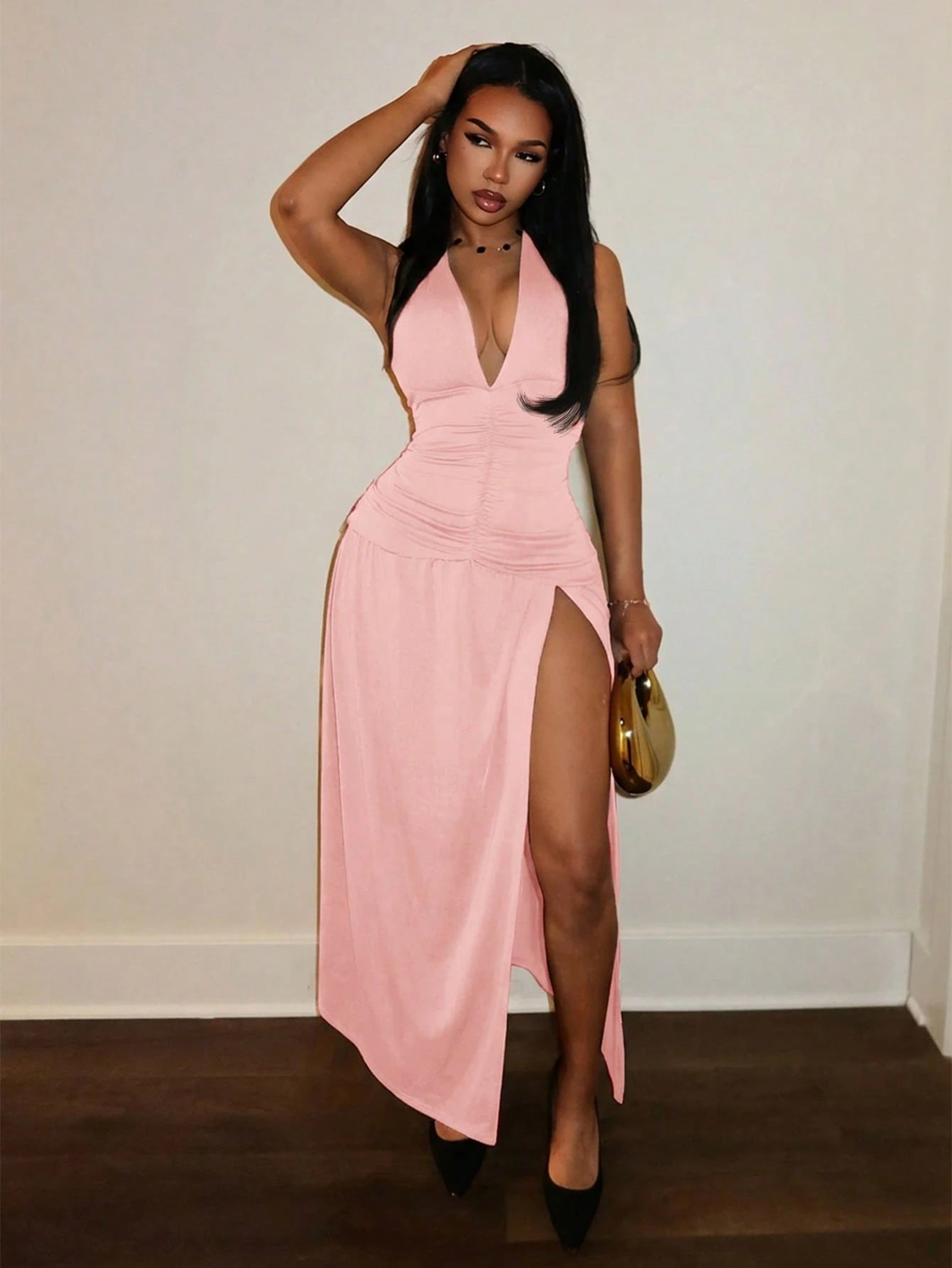 Slaydiva Elegant Romantic Sexy Party Deep V-Neck Halter Split A-Line