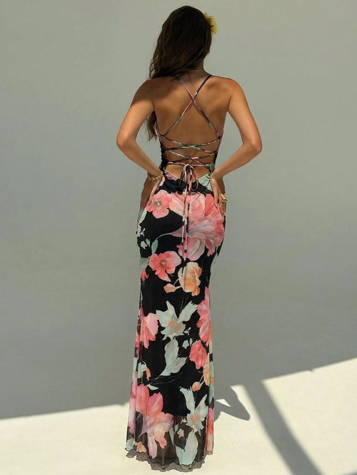 Aloruh Women's Floral Print Dress With Slit Hem, Suitable For