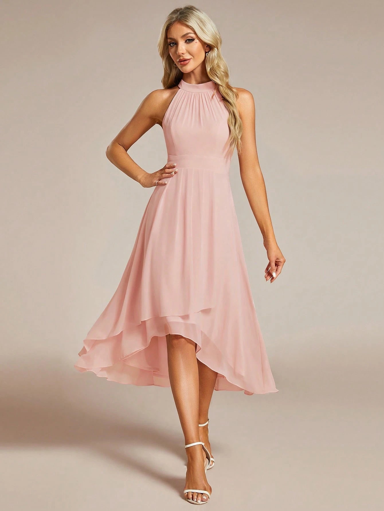 EVERPRETTY Elegant Ruffle Backless High-Low Hem Chiffon Burgundy