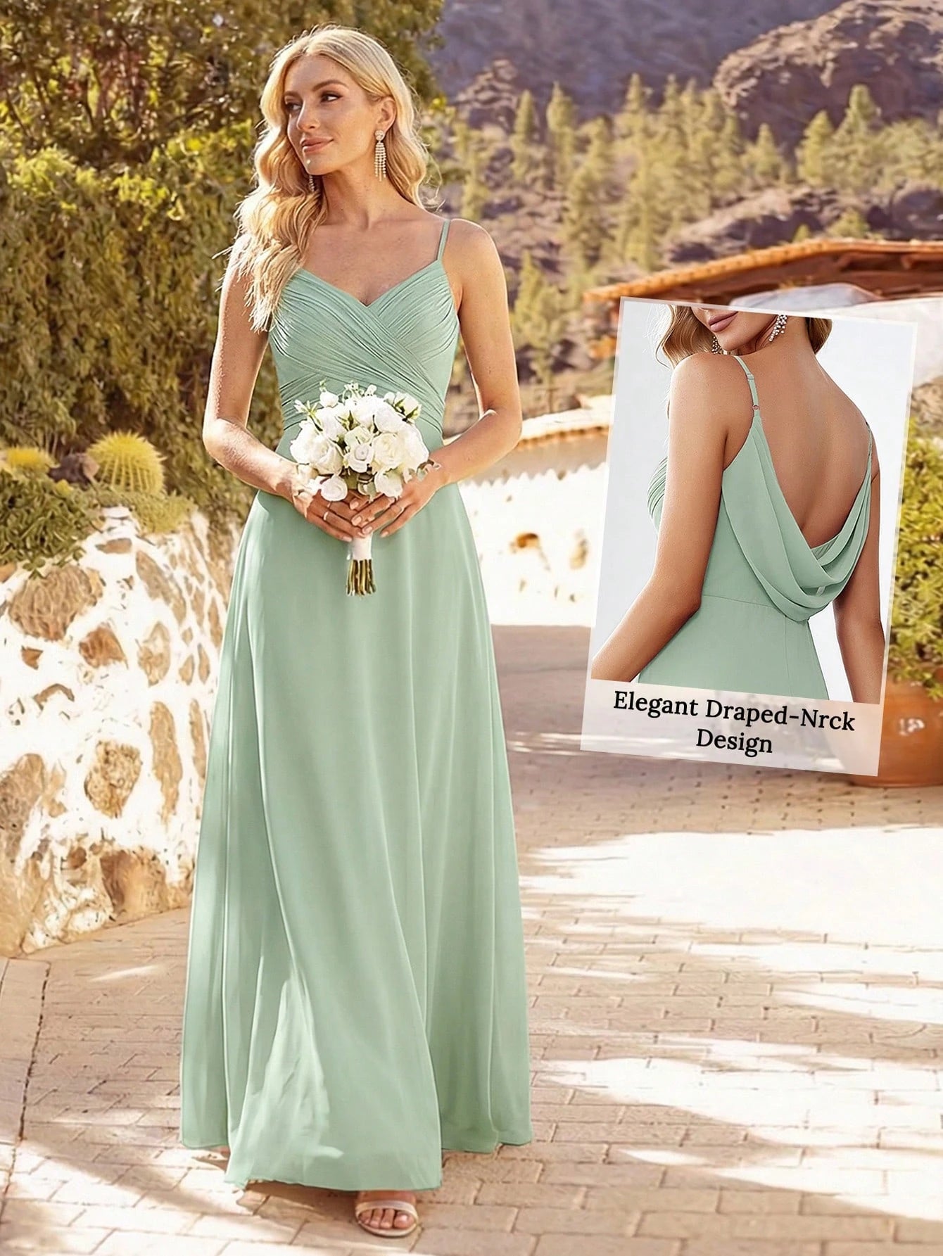 EVERPRETTY Spring Chiffon Spaghetti Strap Backless Pleated Pink
